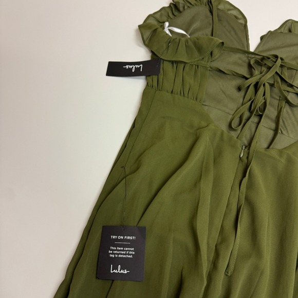 Lulus Dress Womens Medium Green Exemplary Beauty Strappy Ruffle Maxi Slit - Picture 7 of 11